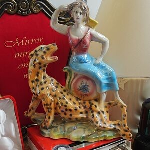 Vintage Woman Hunting Elegant Ceramic Figurine with Leopard Italy Ceramic